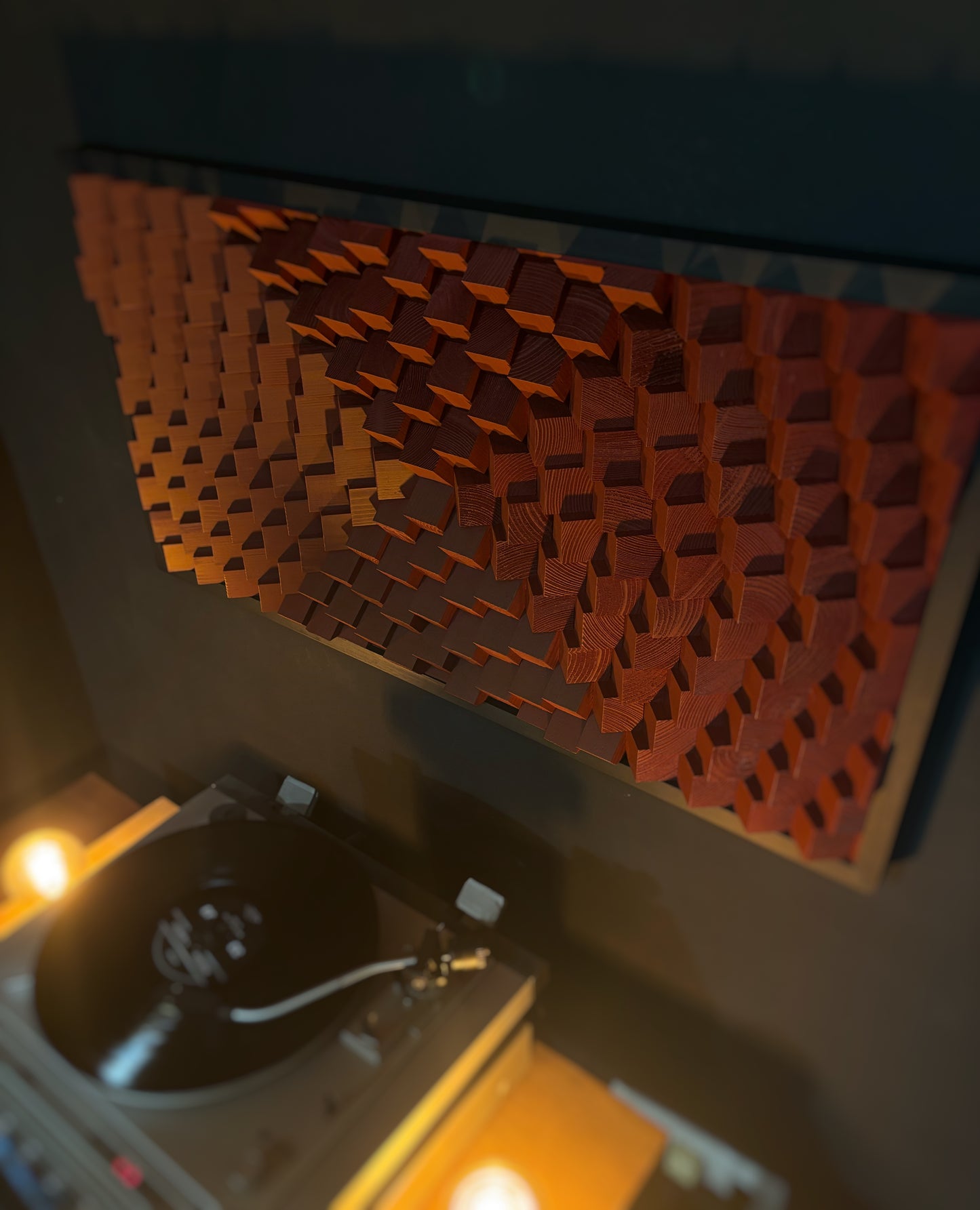 Acoustic Panel - Burgundy Dark Red - Sound Diffuser - Wood Wall Art - 3D Geometric Artwork