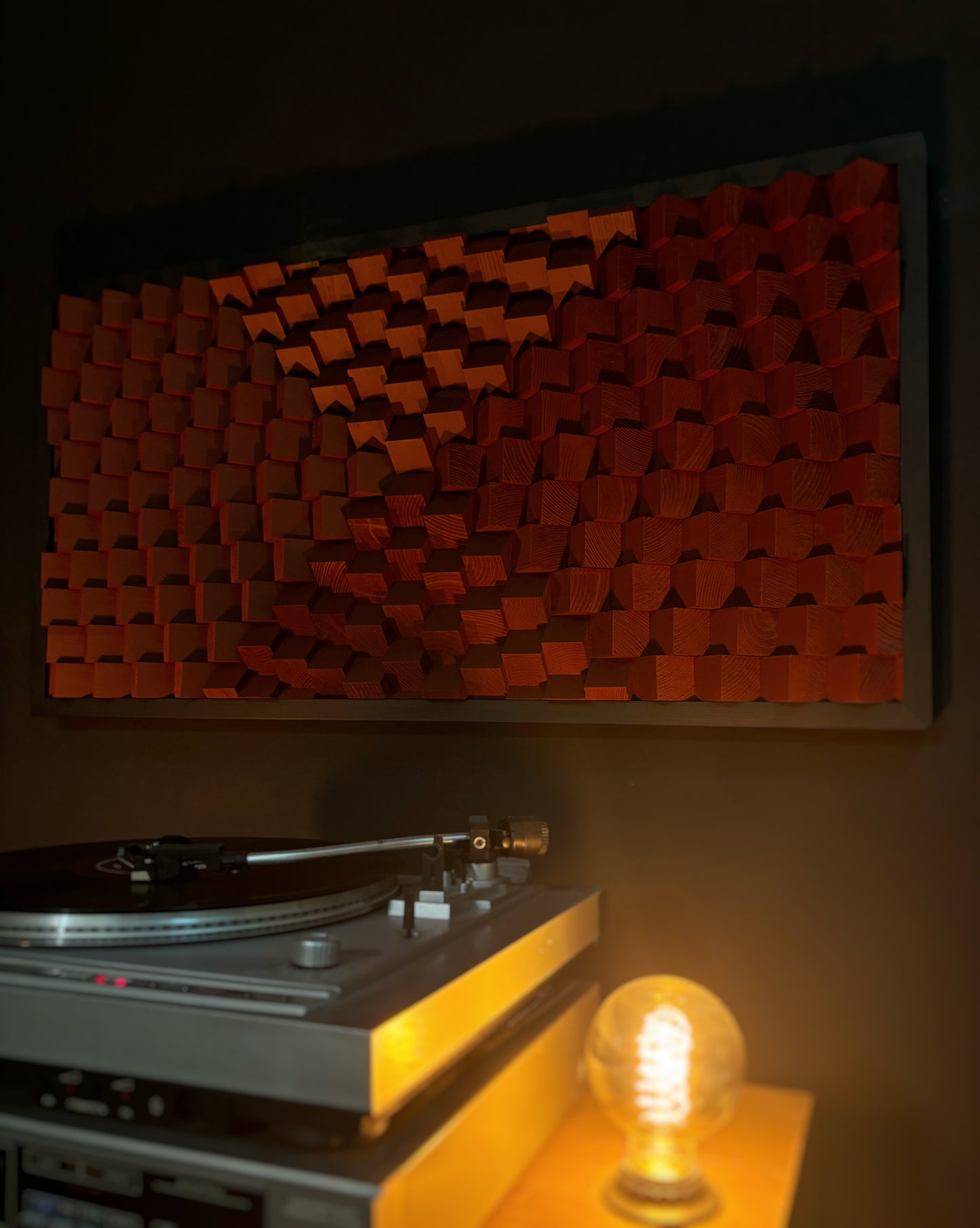 Acoustic Panel - Burgundy Dark Red - Sound Diffuser - Wood Wall Art - 3D Geometric Artwork
