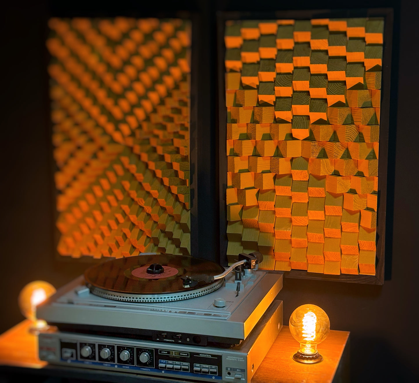 Set of 2 Acoustic Panels - Wood Wall Art - 3D - Music Studio Decor - Sound Diffuser - Home Cinema