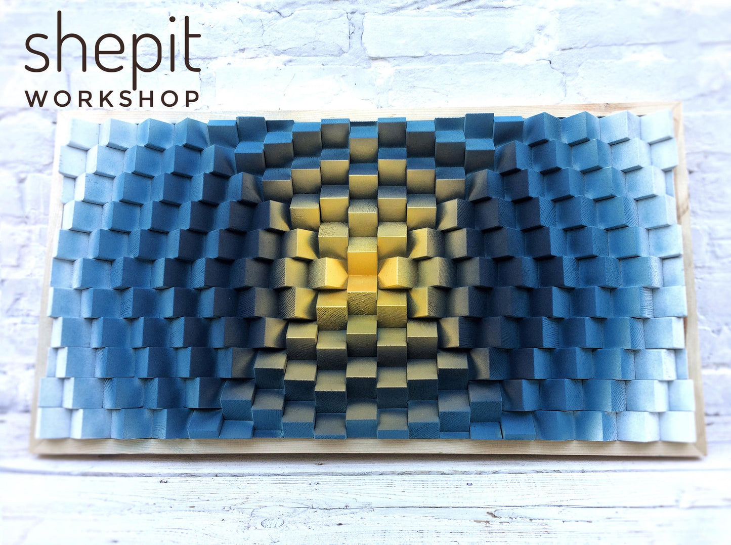 Wood Wall Art - Blue Gold White - 3D Sound Diffuser Acoustic Panel