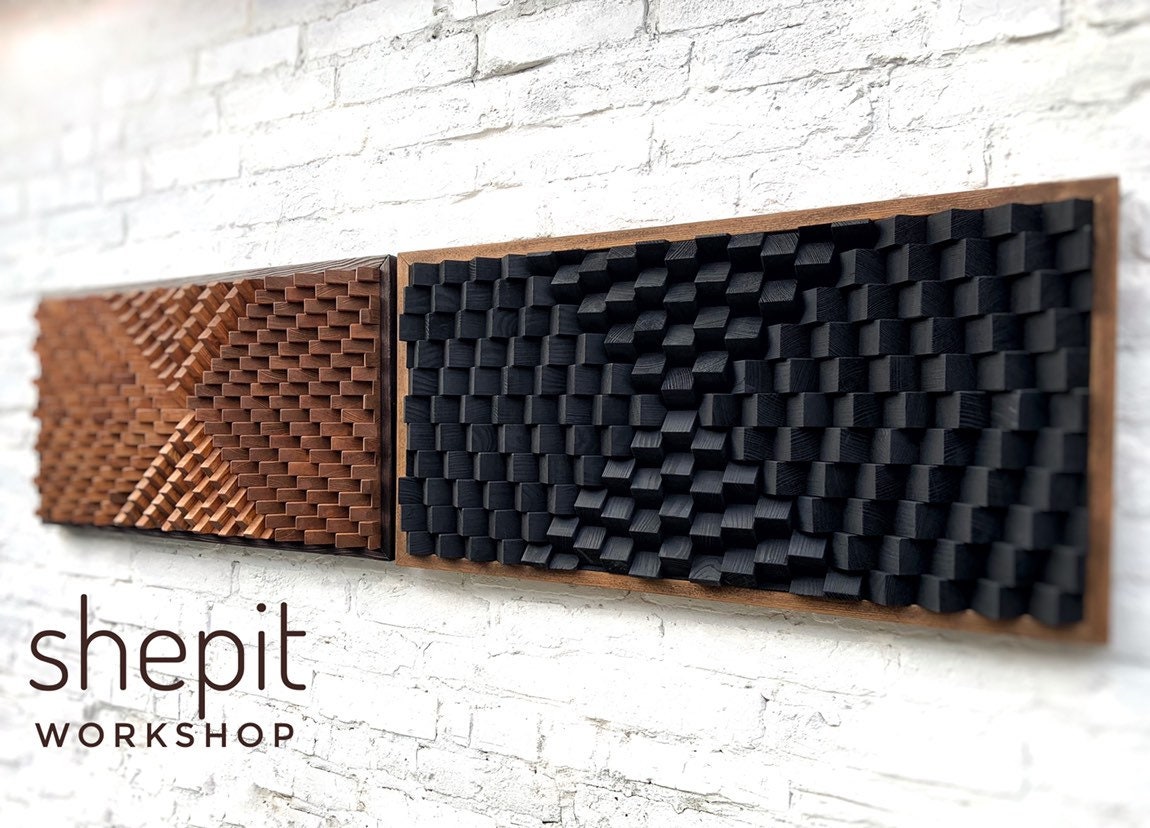 Set of 2 Wood Wall Art - 3D Acoustic Panels - Rustic Modern - Sound Diffuser