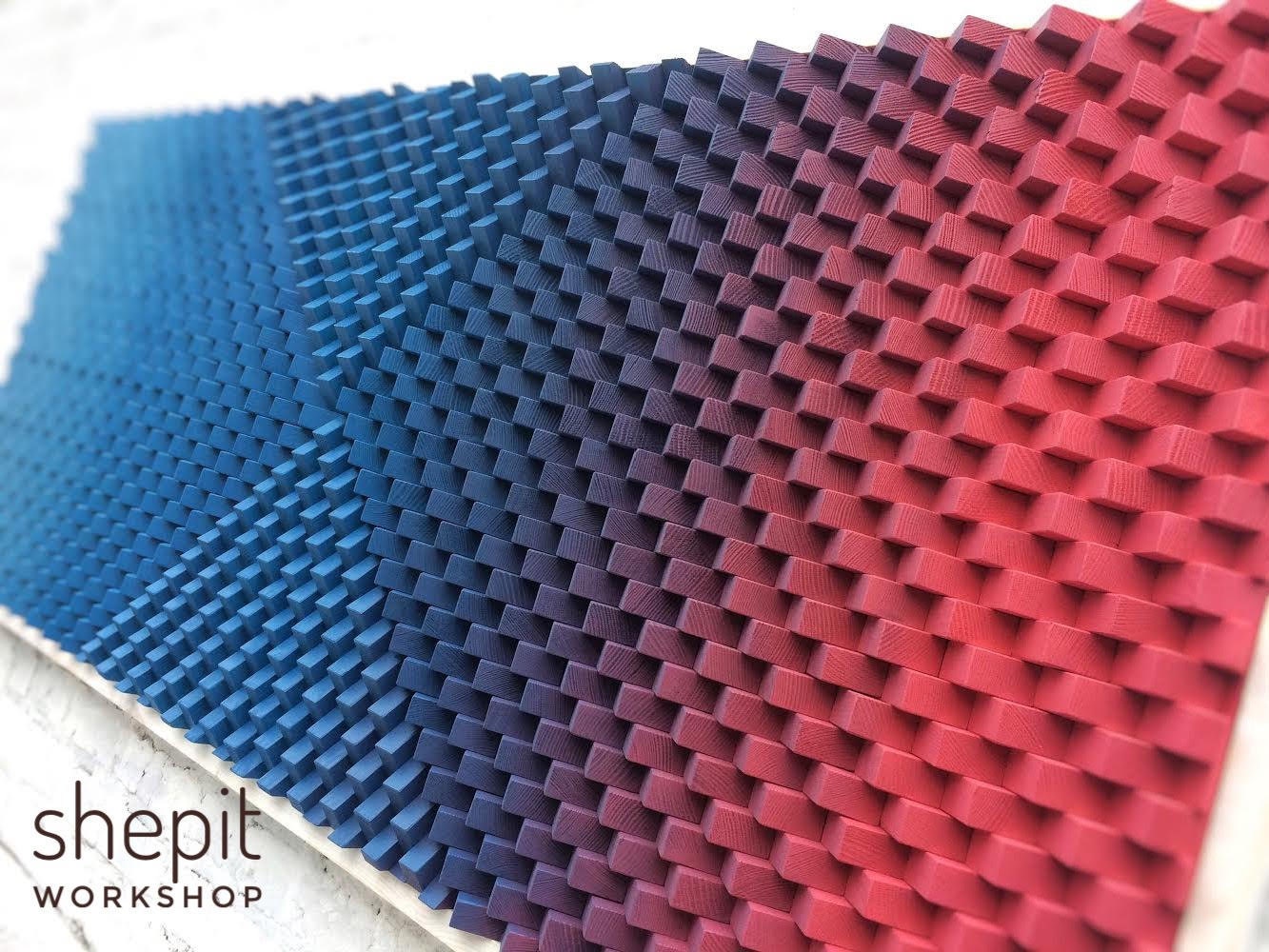 Large Wood Wall Art - Geometric Blue Red - Modern Abstract Wood Art - 3D Sound Diffuser- Acoustic Panel