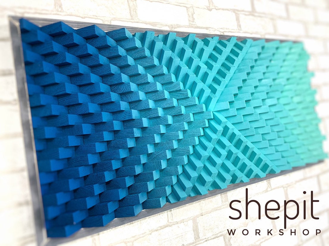 Wood Wall Art - Turquoise Blue Coastal Artwork - Sound Diffuser Acoustic Panel