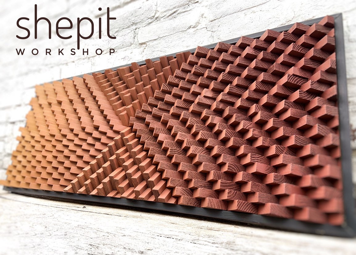 Terracotta Wood Wall Art - Burnt Orange Beige - Sound Diffuser Acoustic Panel