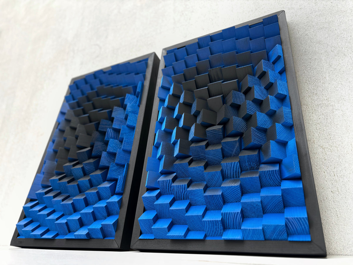 Set of 2 Wood Wall Art - 3D Acoustic Panels - Indigo Blue Black