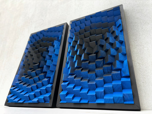 Set of 2 Wood Wall Art - 3D Acoustic Panels - Indigo Blue Black