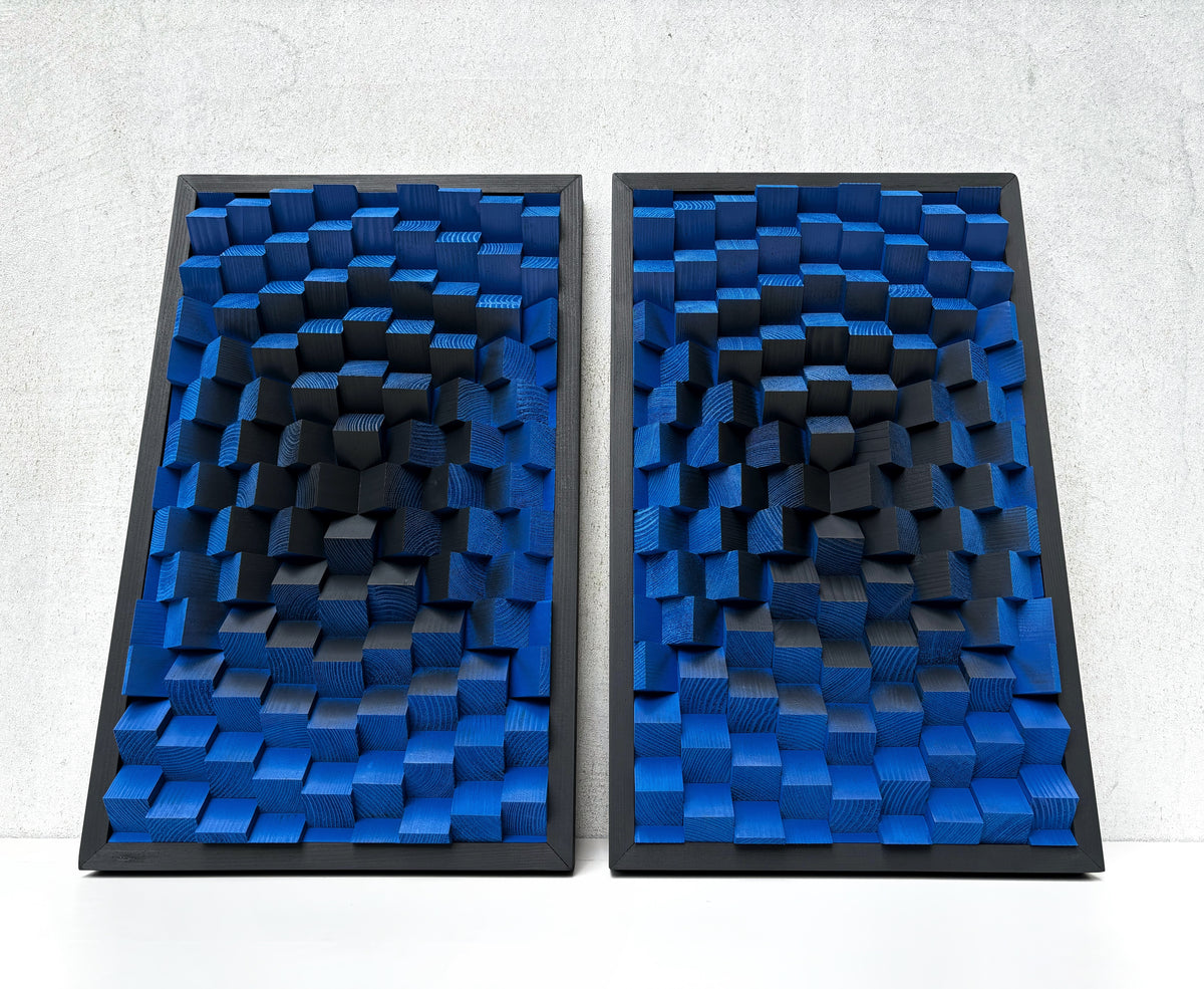 Set of 2 Wood Wall Art - 3D Acoustic Panels - Indigo Blue Black
