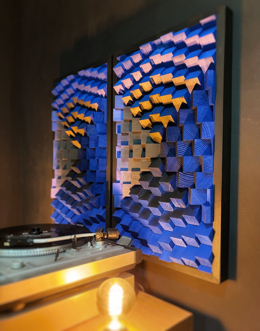 Set of 2 Wood Wall Art - 3D Acoustic Panels - Indigo Blue Black
