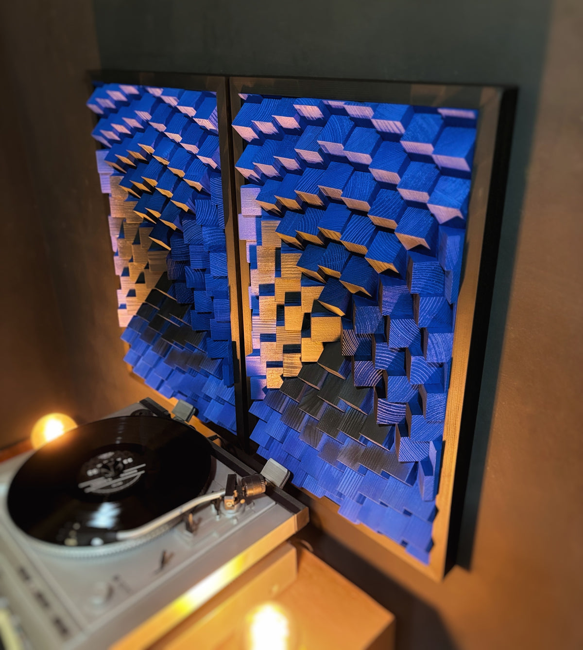 Set of 2 Wood Wall Art - 3D Acoustic Panels - Indigo Blue Black