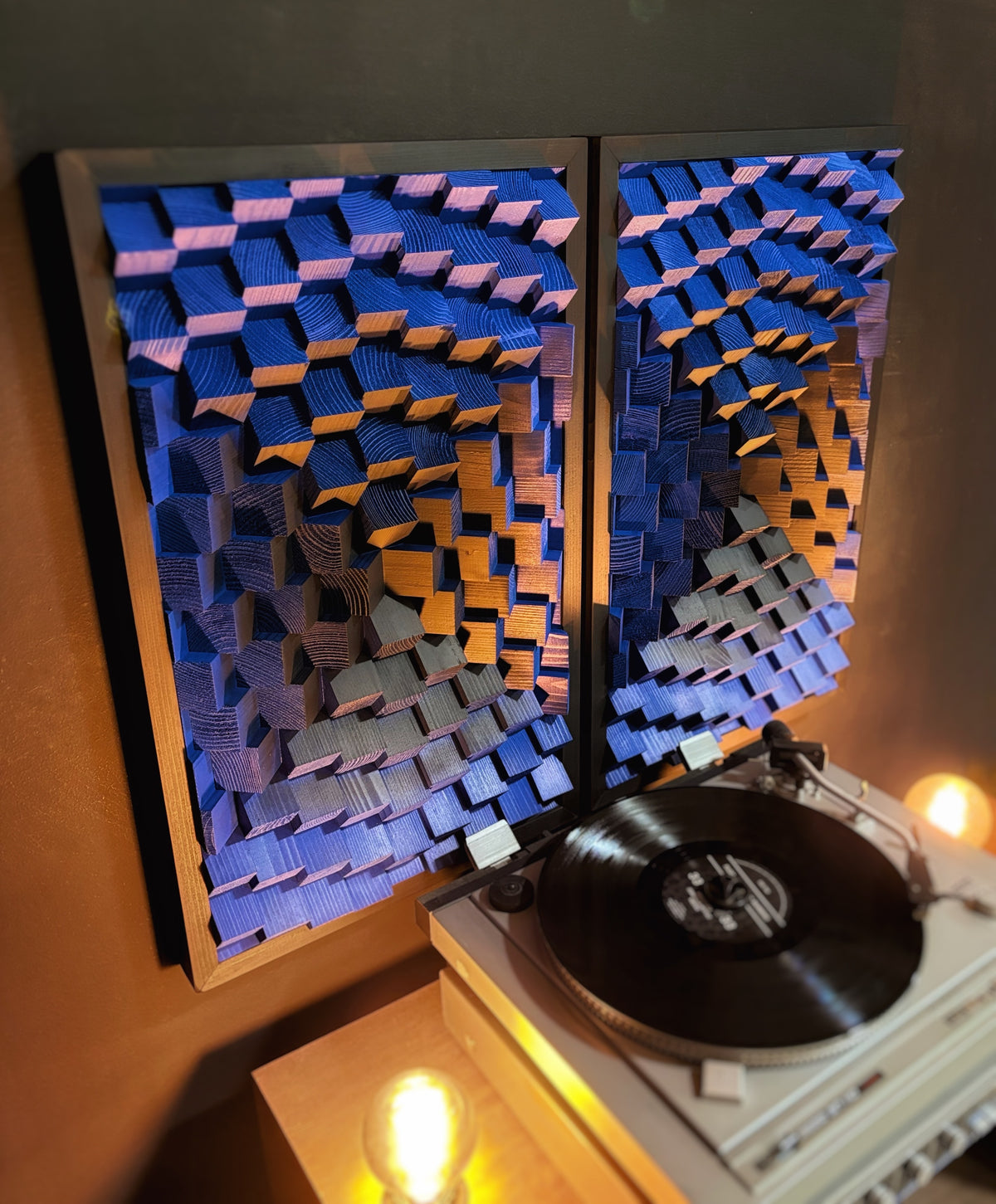 Set of 2 Wood Wall Art - 3D Acoustic Panels - Indigo Blue Black