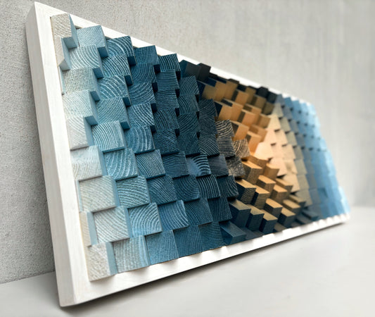 Wood Wall Art | Navy Blue Beige White Parametric Artwork | Music Room | Sound Diffuser | Acoustic Panel