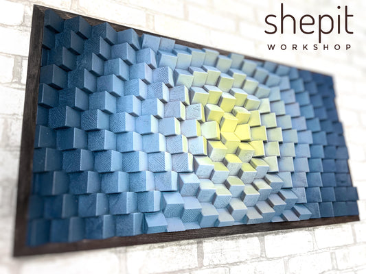 Wood Wall Art - Blue Yellow White - 3D Sound Diffuser Acoustic Panel