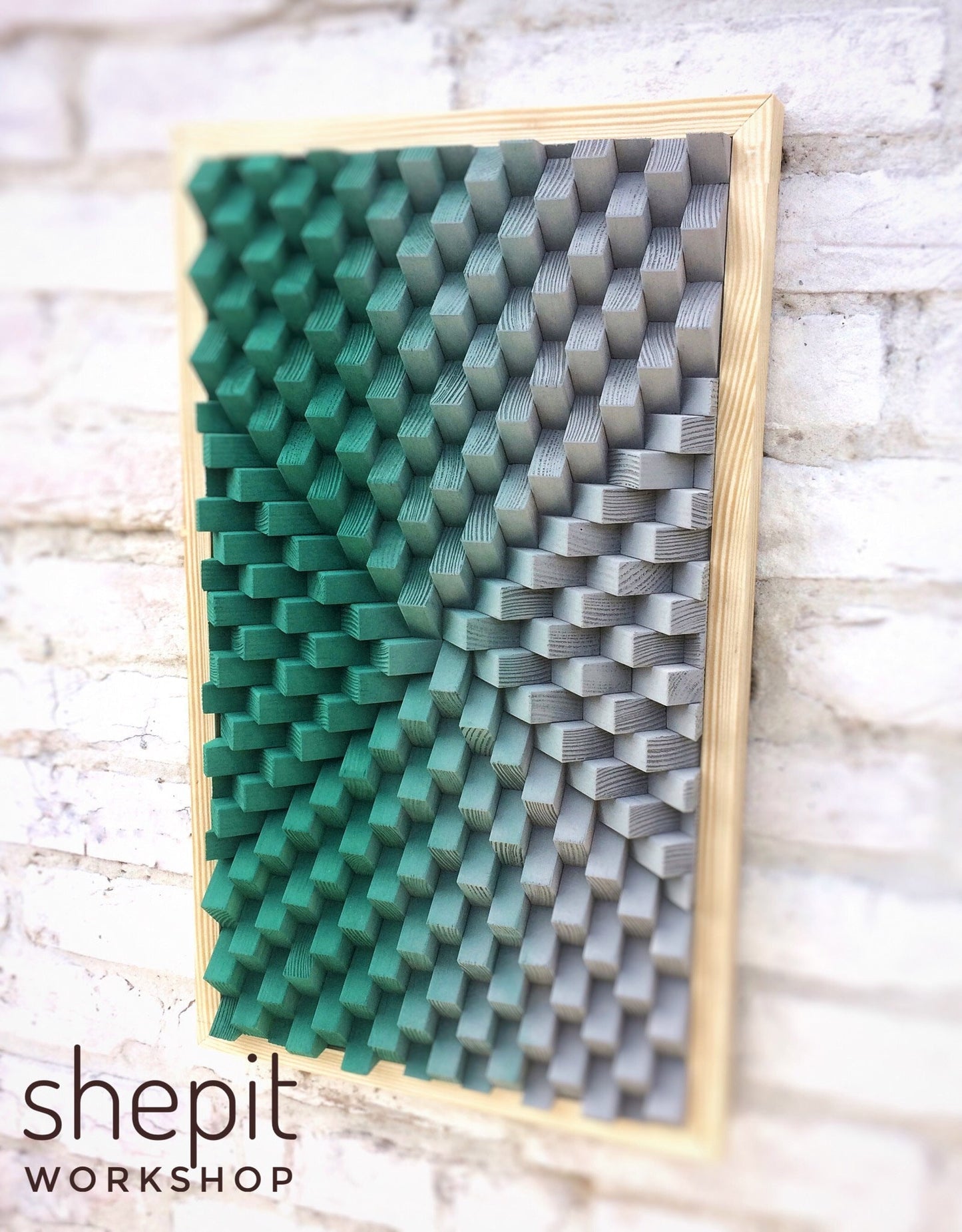 Wood Wall Art - Green Gray - 3D Sound Diffuser - Acoustic Panel - Japandi