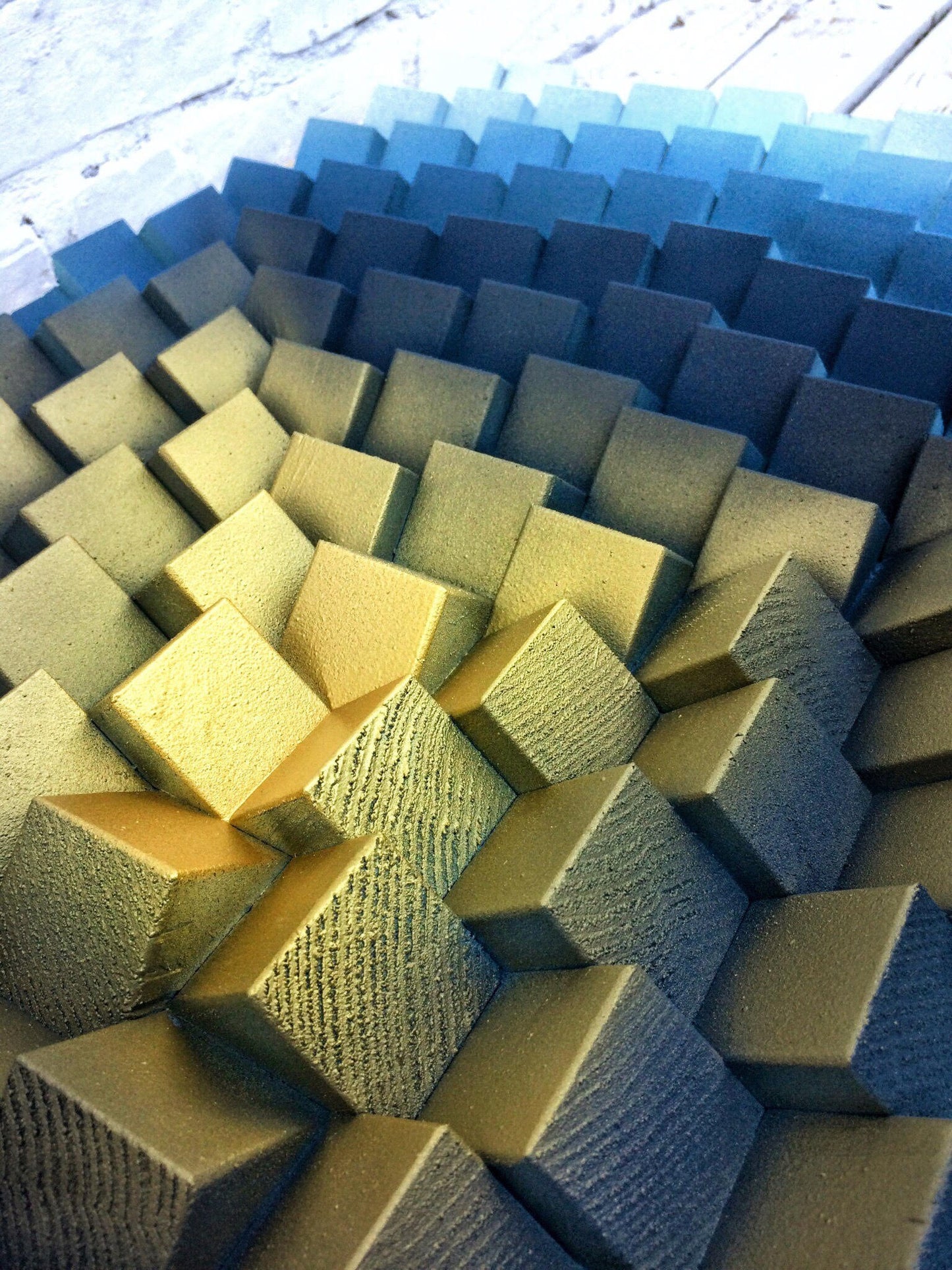 Wood Wall Art - Blue Gold White - 3D Sound Diffuser Acoustic Panel