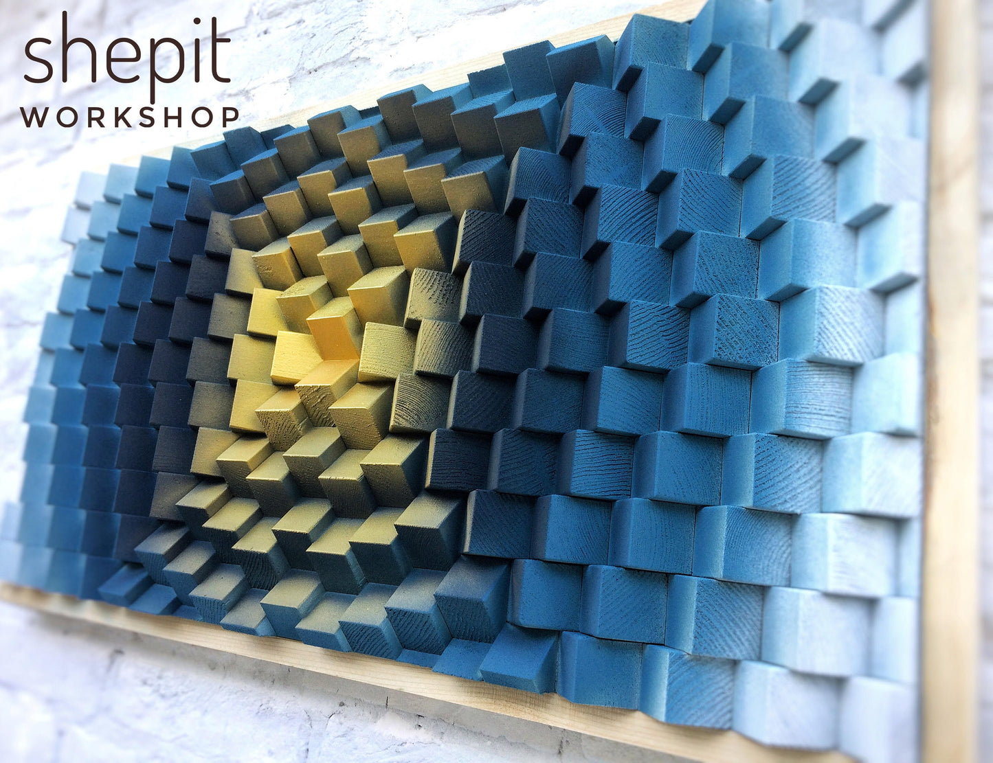 Wood Wall Art - Blue Gold White - 3D Sound Diffuser Acoustic Panel