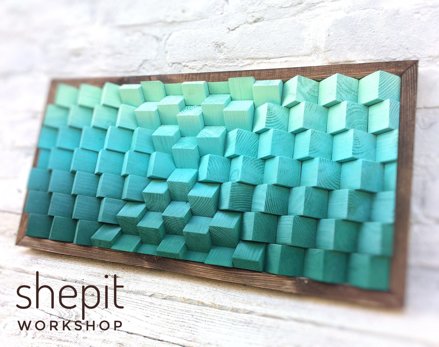 3D Wood Wall Art - Ombre Turquoise Wall Art - Geometric Artwork - Sound Diffuser Acoustic Panel