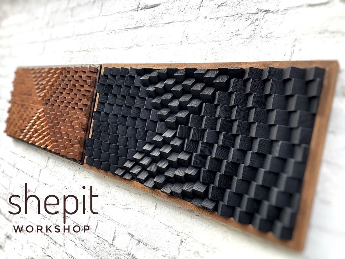 Set of 2 Wood Wall Art - 3D Acoustic Panels - Rustic Modern - Sound Diffuser