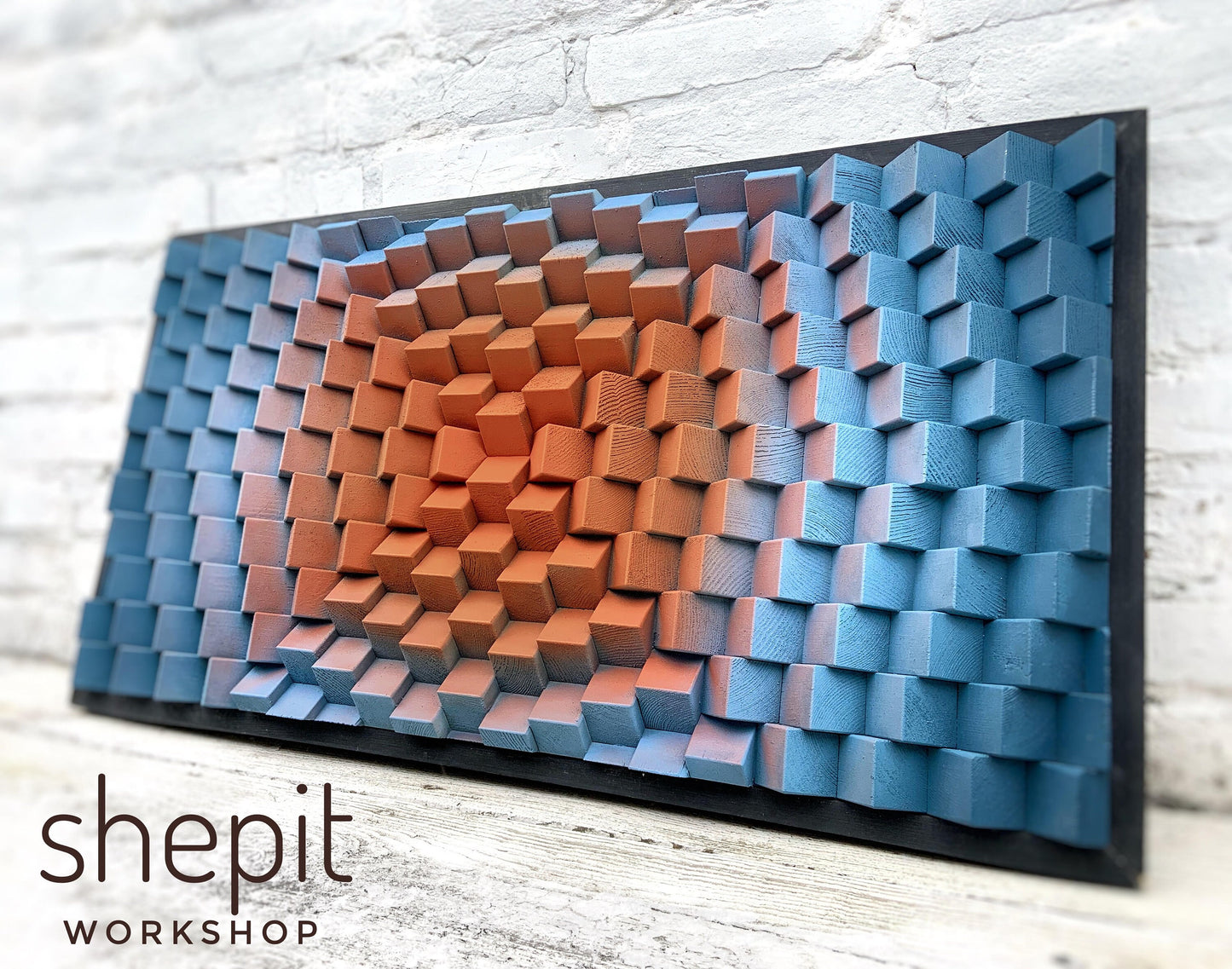 Geometric Wood Wall Art - Burnt Orange Blue - Terracotta Large Artwork Parametric - Midcentury Office Home Decor