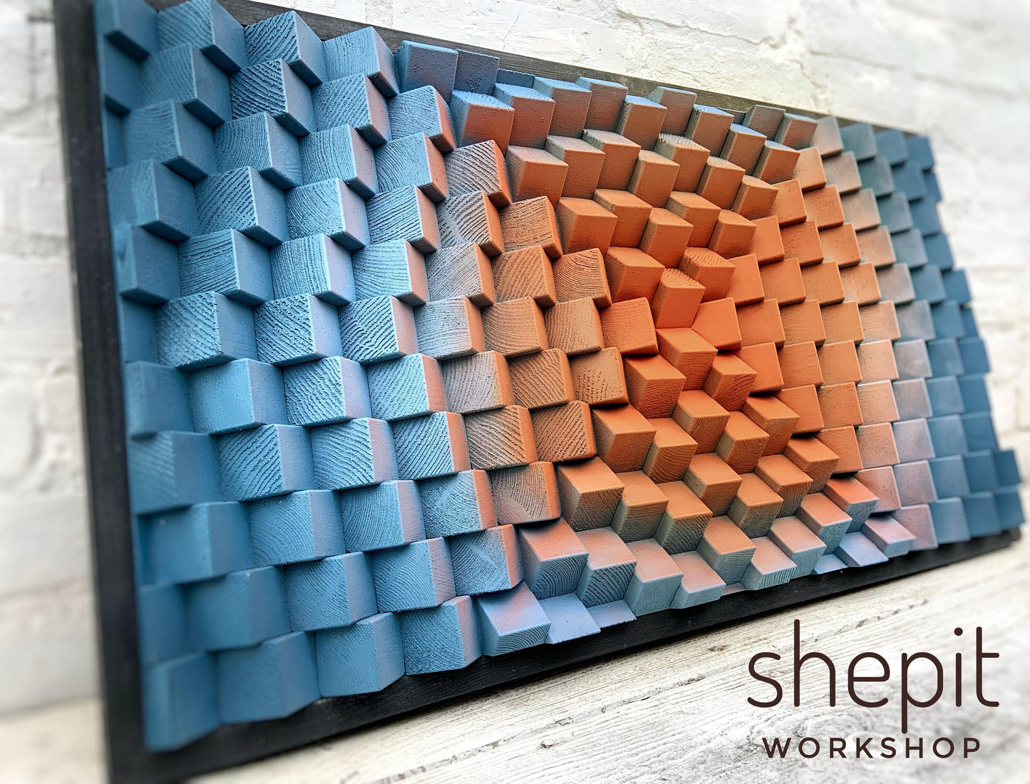 Geometric Wood Wall Art - Burnt Orange Blue - Terracotta Large Artwork Parametric - Midcentury Office Home Decor