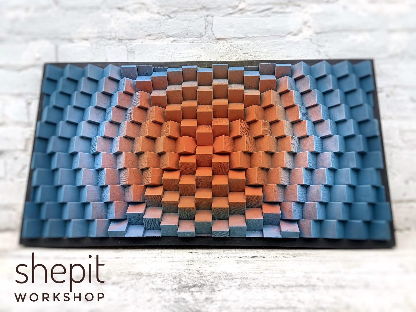 Geometric Wood Wall Art - Burnt Orange Blue - Terracotta Large Artwork Parametric - Midcentury Office Home Decor