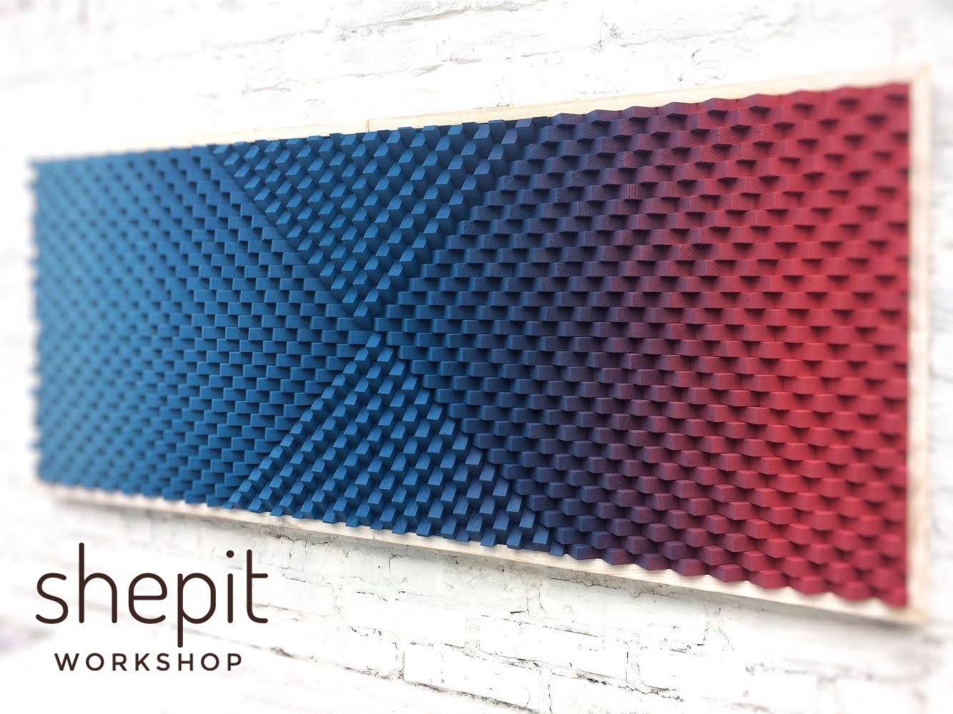 Large Wood Wall Art - Geometric Blue Red - Modern Abstract Wood Art - 3D Sound Diffuser- Acoustic Panel