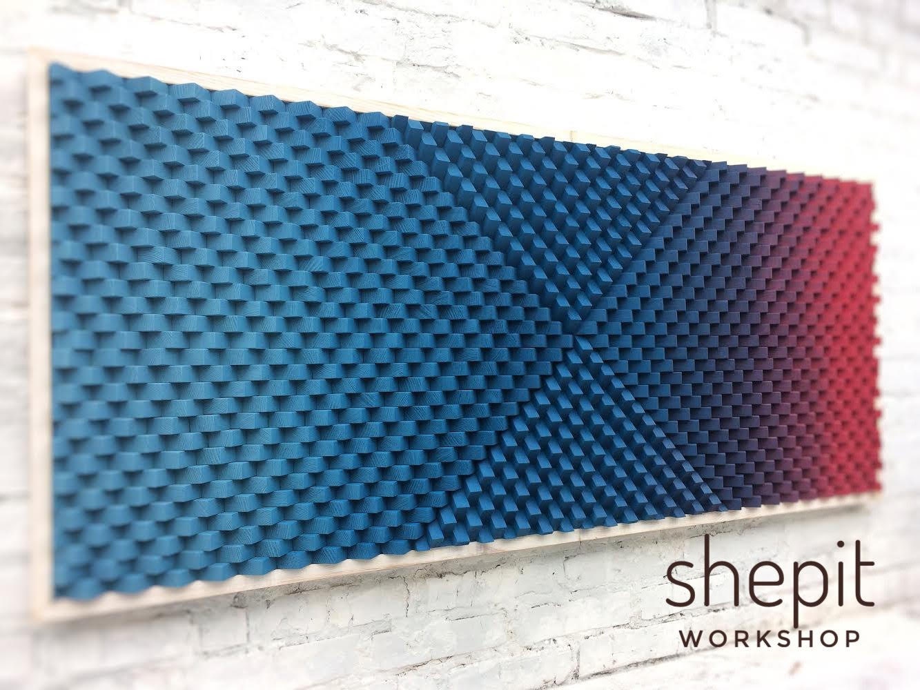 Large Wood Wall Art - Geometric Blue Red - Modern Abstract Wood Art - 3D Sound Diffuser- Acoustic Panel