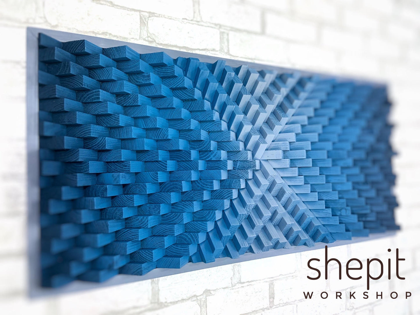 Sound Diffuser Acoustic Panel - Wood Wall Art - Blue Gray Modern Geometric - 3D - Parametric