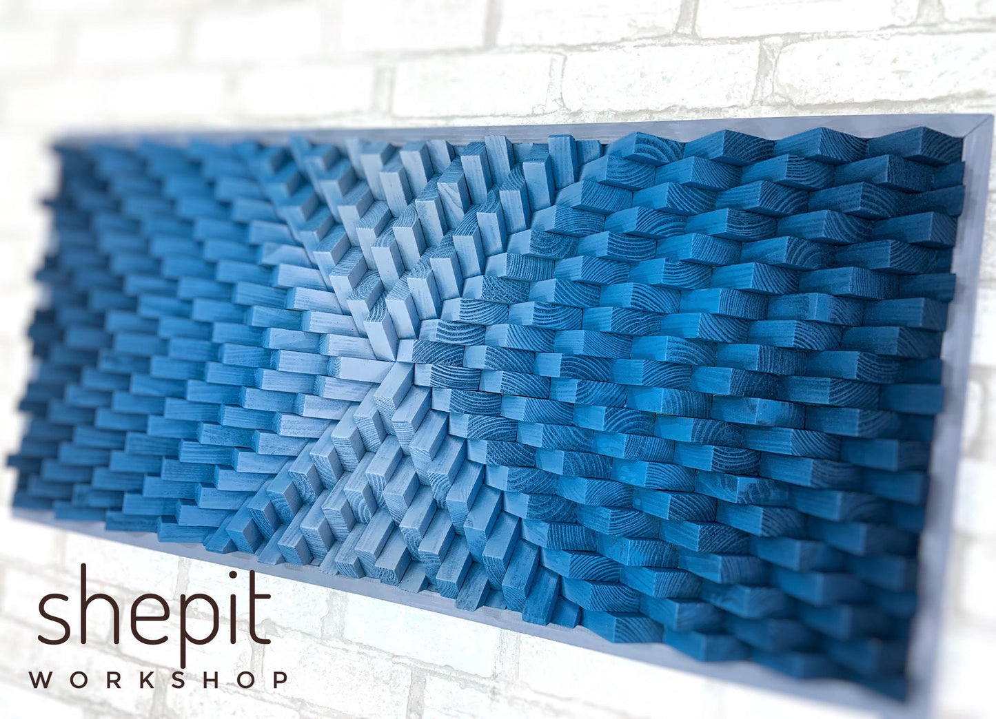 Sound Diffuser Acoustic Panel - Wood Wall Art - Blue Gray Modern Geometric - 3D - Parametric