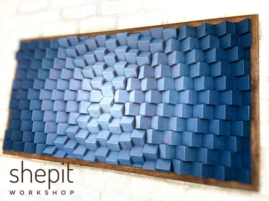 Wood Wall Art - Navy Blue Gray - Japandi Geometric Artwork - Sound Diffuser Acoustic Panel