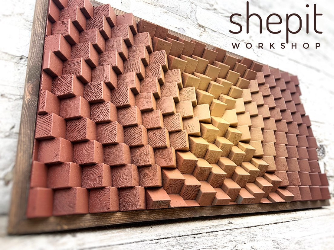 Wood Wall Art - Terracotta Burnt Orange Beige - Parametric Music Room - Sound Diffuser Acoustic Panel