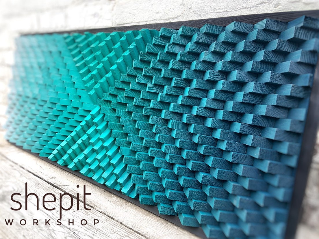Teal Wood Wall Art - Sound Diffuser - Acoustic Panel