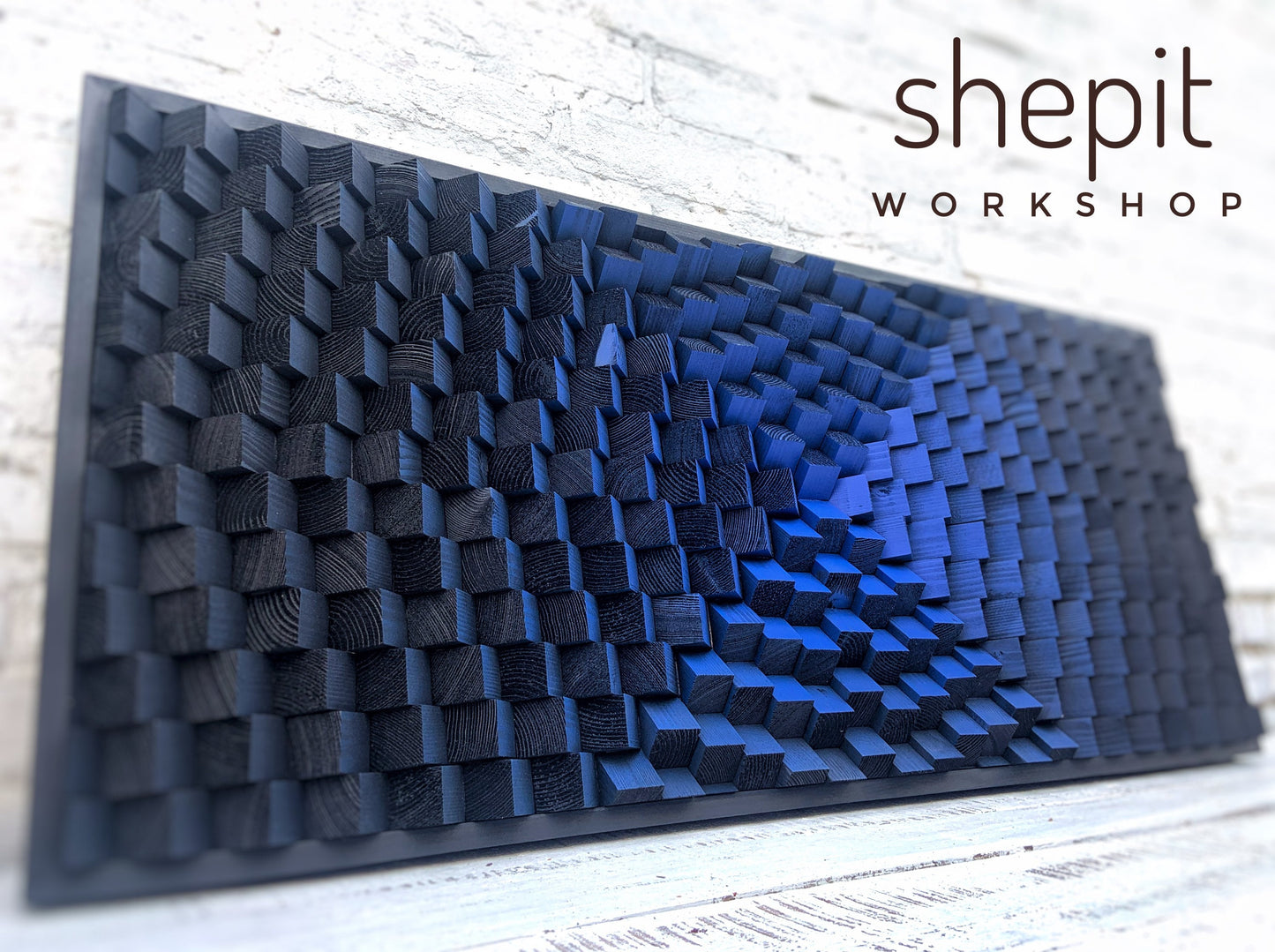 Wood Wall Art - Indigo Blue Acoustic Panel - Black Sound Diffuser