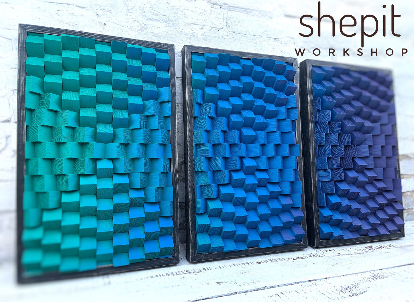 Set of 3 Wood Wall Art - Extra Large Wall Hanging - Teal Blue Purple Wooden Artwork - Acoustic Sound Diffuser Panels