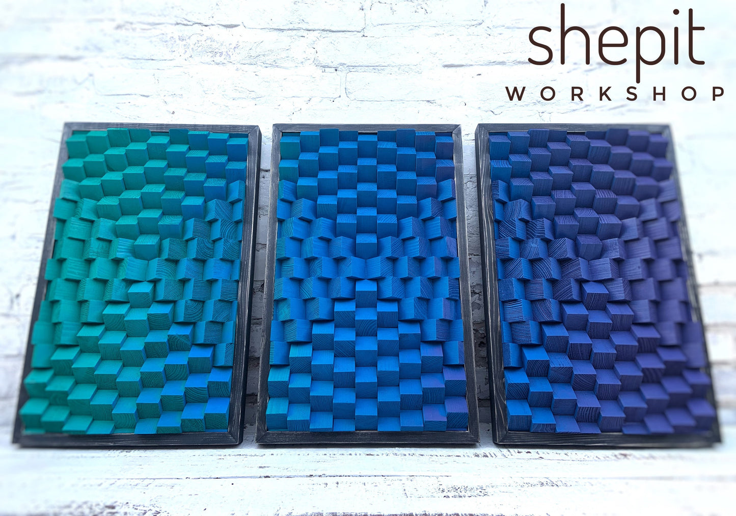 Set of 3 Wood Wall Art - Extra Large Wall Hanging - Teal Blue Purple Wooden Artwork - Acoustic Sound Diffuser Panels